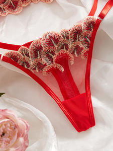 Ensemble de lingerie sexy pour femmes, soutien-gorge et culotte, broderie florale rouge exotique, string transparent, babydoll - Product Image 6