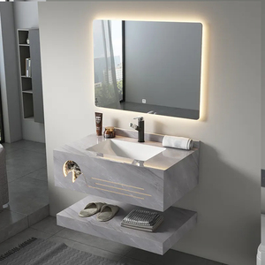 Meuble-lavabo mural de luxe avec vasque intégrée en pierre frittée, lavabo en marbre et miroir - Product Image 3