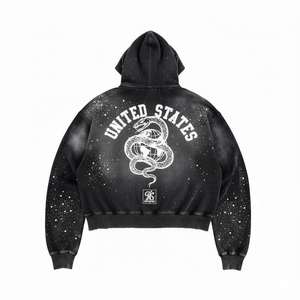 Sudadera con capucha para hombre, personalizada, al por mayor, de algodón grueso, estilo streetwear, Y2K, grunge, con lavado ácido, estampado gráfico y tachuelas, con cierre de cremallera. - Product Image 2