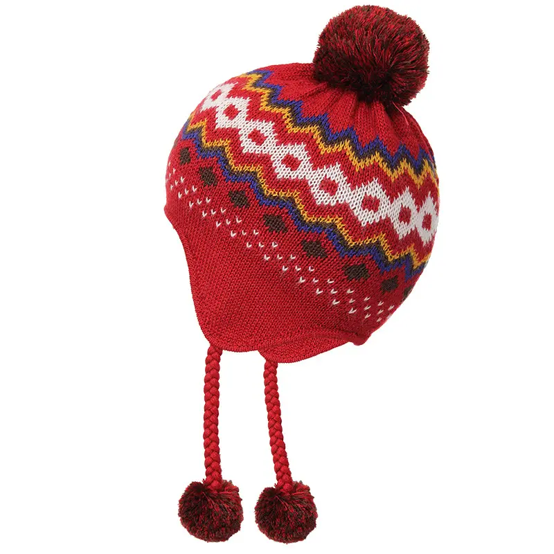 Oem Schattige Jacquard Gebreide Custom Design Kinderen Jongens Meisjes Winter Oorklep Schedel Muts Caps