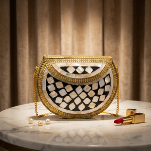 Modern Vintage <b>Clutch</b> Bag with Polished Mother of Pearl Mosaic Design Gold Chain Strap Evening Use Customizable Metal Crafts - Product Image 1