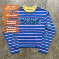 T-shirts pour hommes personnalisés à rayures, manches longues, style streetwear, 300 grammes, effet vieilli, col rond, imprimé numérique vintage