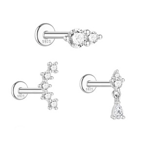 925 Sterling Silver Moissanite Stud <b>Earrings</b> Teardrop Tassel Classic Solitaire <b>Flat</b> <b>Back</b> Piercing 16G 8mm Length - Product Image 1