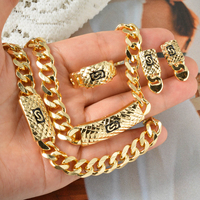 Parure de mariée plaquée or 18 carats avec collier chaîne cubaine, bracelet, bague et boucles d'oreilles, motif floral, style classique, zircon, pour fiançailles et fêtes
