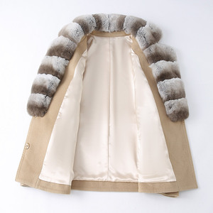 लक्जरी बड़े असली फर कॉलर हैंडमेड ऊन कोट उच्च गुणवत्ता वाली सर्दियों गर्म बेल्ट वाली महिला कोट - Product Image 4