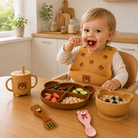 Ensemble de sevrage pour bébé en silicone 8-en-1 personnalisé OEM avec thème ours - Fabricant d'articles de table pour tout-petits, anneaux de dentition et vaisselle à ventouse