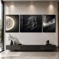Triptyque mural Cheval Noir, design à particules argentées, pour hôtel, salon, réception, décoration intérieure moderne de salon