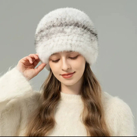Echte Nerzfell-Mütze für Damen, Winter-Warme Elastische Gestrickte Echte Nerzfell-Beanie, Handgefertigte Gewebte Fellmütze für Damen
