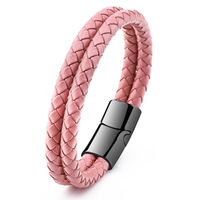 Mode minimaliste bracelets pour hommes logo personnalisé noir PVD plaqué fermoir double couche en cuir bracelet pour hommes père bijoux