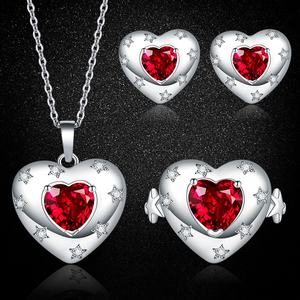 यूरोपीय अमेरिकी हॉट-सेलिंग रंगीन लाल कॉर्ंडम ज़िरकॉन कॉपर पंक शैली महिलाओं के दिल के आकार के तीन टुकड़े सेट हार - Product Image 1