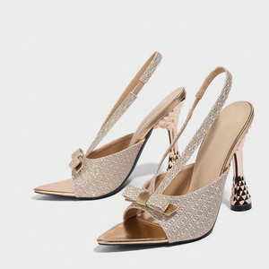 2025 New Arrival Women's Summer Elegant <strong>Sparkly</strong> Bow Button High <strong>Heel</strong> Slingbacks Pointed Toe Glitter <strong>Heels</strong> for Summer Occasions - Product Image 1