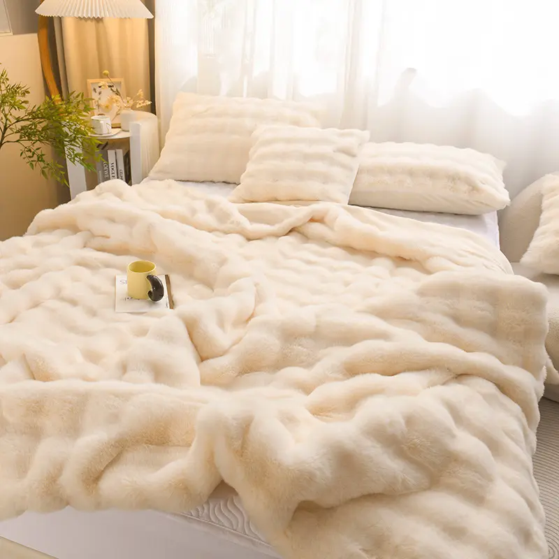 QUNZHEN selimut tempat tidur bulu domba Koral, tempat tidur warna Solid tebal lembut ukuran king ganda