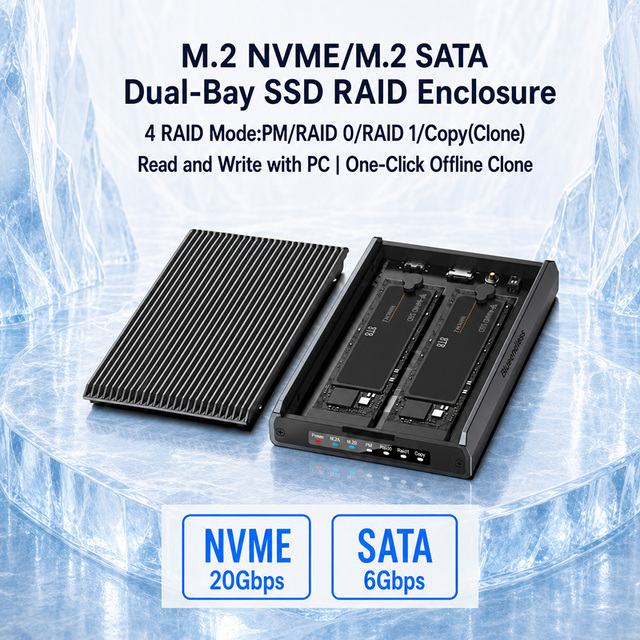 USB3.2 Type C to NGFF NVME SSD RAID Enclosure Metal Dual Bay M.2 SATA NVME SSD Enclosure RAID 0/1 Clone SSD Enclosure SATA NVME