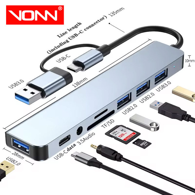 OEM Type-C USB 3.0 HUB with 4 USB 2.0 Port 1 TF SD Slot 3.5mm Audio Port Aluminum 8 in 1 USB Splitter for Laptop Smart Phone