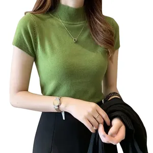 Southeast Asian women's semi-turtleneck undershirt spring and summer short-sleeved knit sweater tight sweater short top