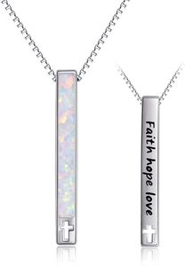 Collar de ópalo de plata esterlina para mujer, collar de barra Vertical de moda, inscripción 'Faith Hope Love' para fiesta de boda de compromiso - Product Image 6