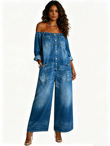 Combinaison <span class=keywords><strong>en</strong></span> <span class=keywords><strong>jean</strong></span> délavé à épaules dénudées pour femme, sexy, boutonnée, style streetwear, moulante, tenue une pièce tendance - Product Image 4