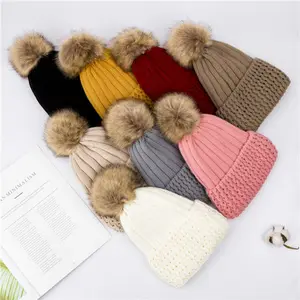 High Quality Acrylic Warm Winter Hats Caps Thicken Plush Stripe Ski Pom Pom Knitted Hat