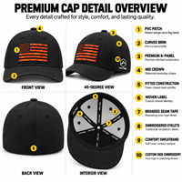Casquette de baseball noire personnalisée avec patch étoiles et rayures orange, visière incurvée, ajustable, boîte cadeau, sac à cordon, vente en gros, OEM, streetwear