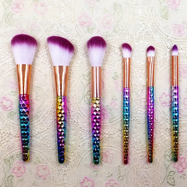 Portable Travel Rainbow Plastic Handle Synthetic Hair 6PCS Cosmetic Makeup Brushes Set