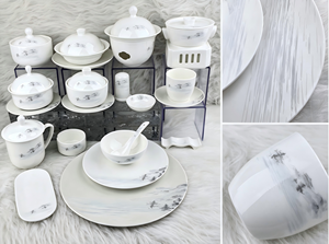 Service de table en porcelaine fine 45% à motif paysage en tuile de cendre, avec bordure dorée à la main en relief, pour hôtels et banquets de mariage - Product Image 2