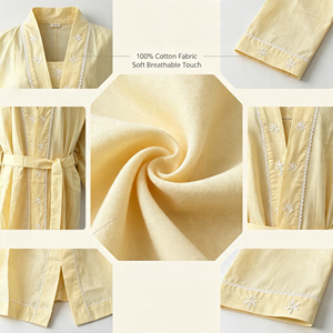 Ensemble de peignoir <span class=keywords><strong>kimono</strong></span> brodé floral jaune, col en V, manches longues ou courtes, ceinture, en coton, longue robe de nuit pour femme - Product Image 2