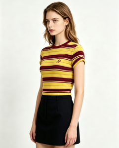 Yellow <strong>Red</strong> Striped Knit <strong>Cropped</strong> T-Shirt Women Short Sleeve Slim Fit Embroidered Casual <strong>Top</strong> - Product Image 3