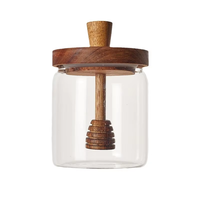 Dispensador de miel y jarabe transparente de 500 ml (16 oz) con tapa de madera, tarro de almacenamiento de miel con cucharón de madera, más vendido