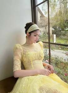 Short Sleeve <b>Lantern</b> Sleeve Sweet Slits <b>Mini</b> Prom Dress Elegant Light Yellow Lace Beading Digital Party Dress Women Hot Selling - Product Image 2