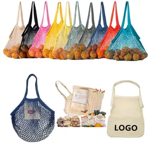 RU RU Reusable Fruit Vegetable Grocery Produce Tote Cotton String Mesh Net Shopping Bag With Long Handle