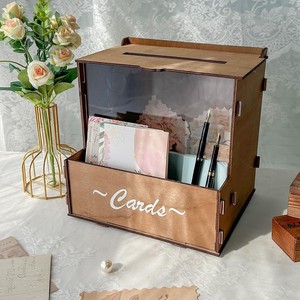 Wooden <b>Wedding</b> <b>Card</b> Organizer With Flower Trough Solid Wood Display <b>Box</b> For <b>Wedding</b> Guestbook And Postcards - Product Image 2