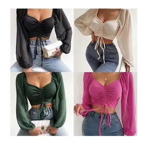 Conyson Thời Trang Dài Tay Áo Sexy Sâu Vuông Cổ Crop Top Áo Sơ Mi Tops Ngắn Cho Phụ Nữ Xù Voan Phụ Nữ Áo Quần Áo