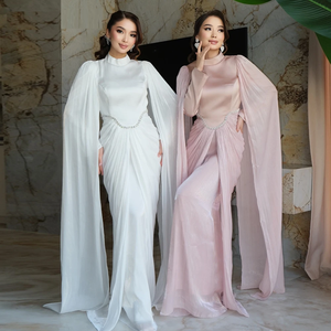 ชุดราตรีทรงเมอร์เมดหรูหราสำหรับผู้หญิง ประดับคริสตัลแบบดูไบ จับจีบพร้อมผ้าคลุม ชุดสำหรับพิธีต่างๆ  ชุดราตรีแบบมุสลิมสั่งตัดได้ - Product Image 1