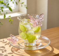 Ensemble tasse et soucoupe en verre borosilicate rose papillon, à nervures verticales, résistant à la chaleur, transparent, pour la maison