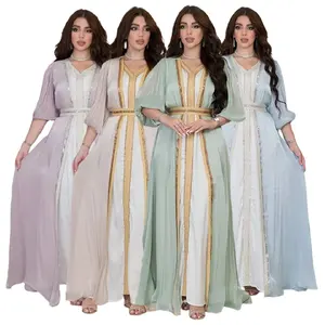 AB266 New Luxury Rhinestone Bright Silk Satin Muslim 3 Piece Abaya Set Gowns For Women Evening Dresses Abaya Muslim Women Dress