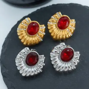 French Retro Wine Red Gemstone Crystal Earrings Fashion Metal Shell Luxury Earrings Women Waterproof Elegant Jewelry