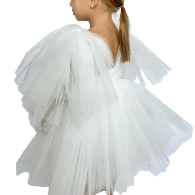 E70032 Baby Girls Birthday Dress Flower Girl Wedding white chiffon short sleeve dresses olid color summer kids frocks