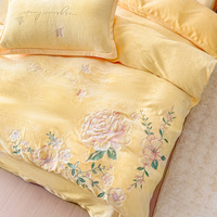 Ensemble de housse de couette en broderie florale 100% polyester, taille king populaire, 4 pièces, couleur jaune, linge de lit