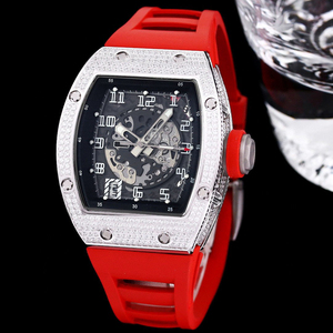 Diamond Bezel <b>Skeleton</b> Tonneau <b>Watch</b> Men's RM010 style Luxury <b>Automatic</b> <b>Watch</b> With Red Rubber Strap - Product Image 1