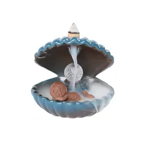 Home decoration ornament agawood Ceramic crafts fountain smoke creative shell Mermaid LED lamp backflow incense burner