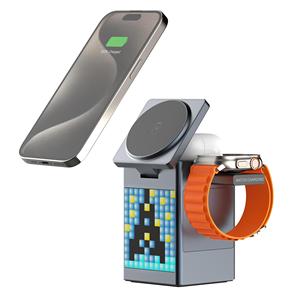 Chargeur sans fil magnétique multifonction 15W à LED RGB <span class=keywords><strong>avec</strong></span> animation de pixels personnalisable, support de charge rapide, haut-parleur, alarme, montre intelligente - Product Image 2