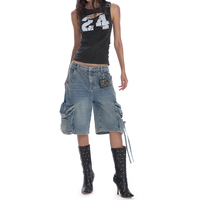 Denim en détresse lavé à l'eau robuste jambe droite femmes cinq paquets taille haute style décontracté avec poches amples pour l'été