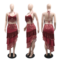 Pengiriman Cepat CY902456 Atasan Halter Crop Top Wanita 2 Potong Set Rok Cetak Asimetris Belahan Tinggi Rok Maxi Pakaian Pesta Klub Musim Panas