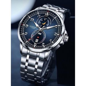 Montre mécanique automatique pour hommes, calendrier des phases lunaires, cadran analogique en cristal, montre-bracelet en acier inoxydable, résistante à l'eau 3BAR - Product Image 4
