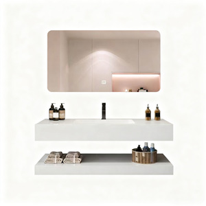 Mueble de baño de pizarra blanco puro de doble capa sin juntas con lavabo cerámico integrado - Product Image 6