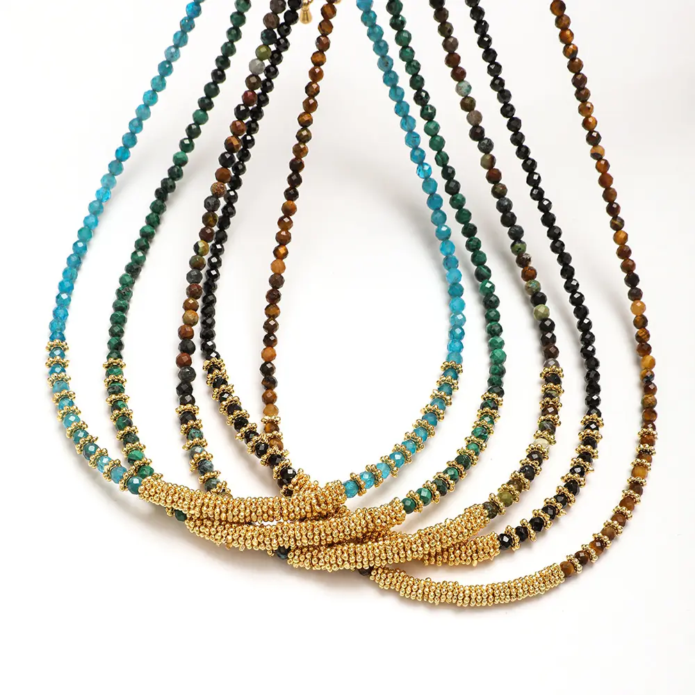 Vintage Minimalist Multi-color Natural Stone Handmade Beads Gold Brass Necklace for Women Fashion Jewelry