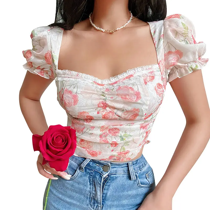 Women Short Sleeve Crop T-shirts Floral Print Slim Fit Customize Summer Casual Chiffon Tops For Streetwear Party 90S Tank Tops