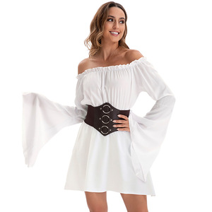Vestido Renacentista Blanco con Hombros Descubiertos para Mujer, con Cinturón de Corsé Marrón, Manga Larga, Disfraz - Product Image 1