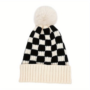 Women Autumn Winter Checkerboard Patterned Woolen Ball Knitted Hat Custom Warm Soft Ear Protection Winter Cap <strong>Pom</strong> <strong>Pom</strong> <strong>Beanie</strong> - Product Image 5