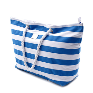 Sacs à provisions en coton personnalisé avec poignée en corde de grande capacité, fourre-tout de plage en toile de coton à rayures de Style vacances, vente en gros - Product Image 3